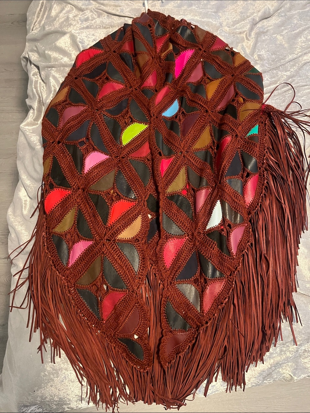 Boho Fringed Crochet Patchwork Shawl - Multicolor - Picture 1 of 2